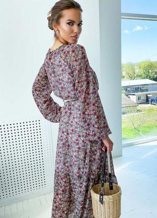 Длинное❣️платье шифоновое с цветами с объемными рукавами и пышной юбкой 2 цвета