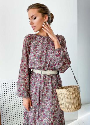 Длинное❣️платье шифоновое с цветами с объемными рукавами и пышной юбкой 2 цвета