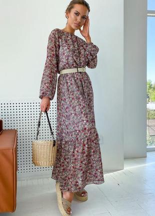 Длинное❣️платье шифоновое с цветами с объемными рукавами и пышной юбкой 2 цвета