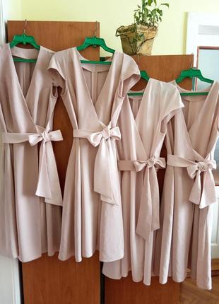 Три платья подружкам невесты на запах миди короткий рукав розовое пудровое вечернее нарядное платье2 фото