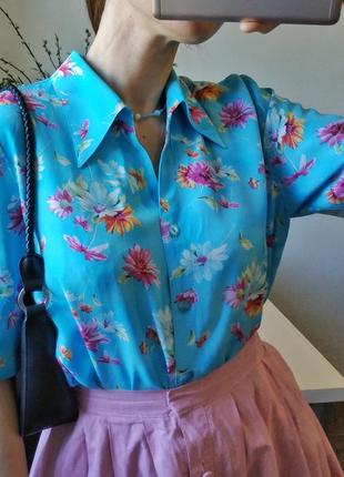 Рубашка голубая в цветочек розовый блузка l вискоза винтажная гавайка