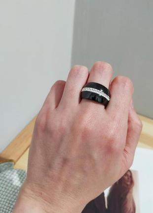 Широке кільце кераміка чорне кільце керамічне з камінням перстень кільце каблучка5 фото
