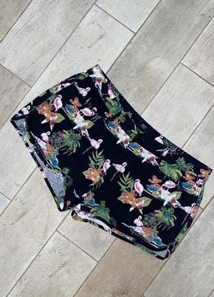Чёрные короткие шорты,тропический принт,фламинго,батал,большой размер