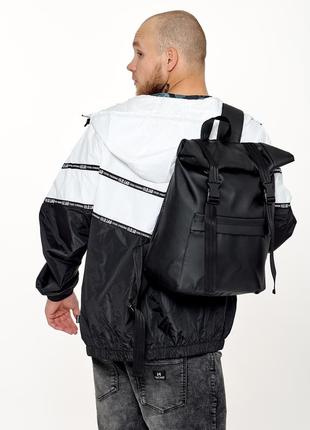 Качественный мужской черный рюкзак ролл топ для для путешествий с ноутбуком экокожа9 фото