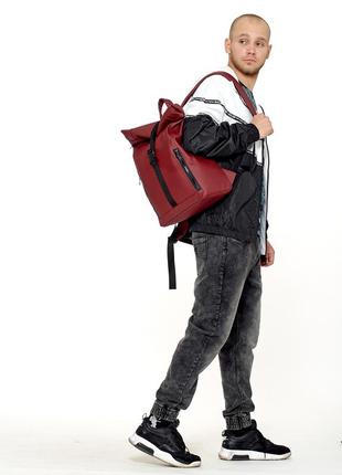 Качественный бордовый мужской рюкзак ролл топ для для путешествий с ноутбуком10 фото