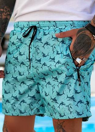 Мужские пляжные шорты из плащевой ткани с подкладкой, размеры от 48 до 56 (1017акулы)1 фото