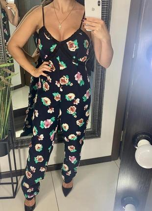 👗отпадный тёмно синий ромпер с цветами/комбез с кружевом/брючный комбинезон в цветах👗