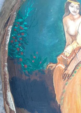 Девушка у озера картина на срезе среза ручная роспись панно винтаж10 фото