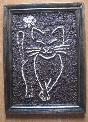 Картина «кошка»,  из зерен кофе. авторская. классная.1 фото