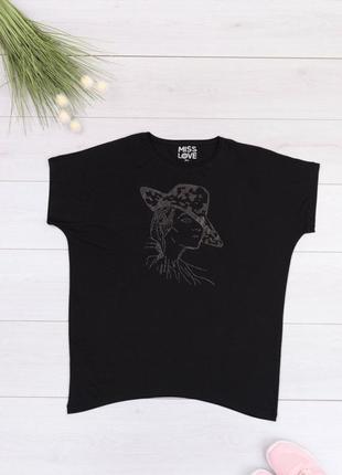 Стильная черная футболка с рисунком стразами большой размер батал оверсайз