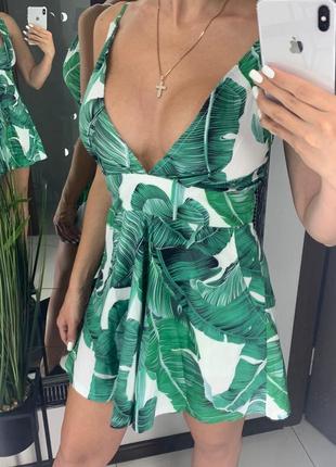👗белый ромпер экзотические листья/зелёный комбез глубокое декольте/комбинезон с шортами👗