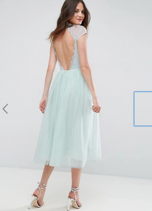 Платье миди для выпускного из кружевного тюля asos, фатин, мятный цвет, открытая спина