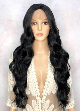 Перука на сітці lace wig чорний довгий хвилястий з проділом термо + шапочка в подарунок!