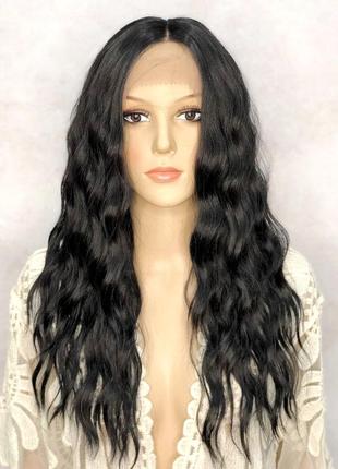 Парик на сетке lace wig черный длинный волнистый с пробором термо + шапочка под парик в подарок!