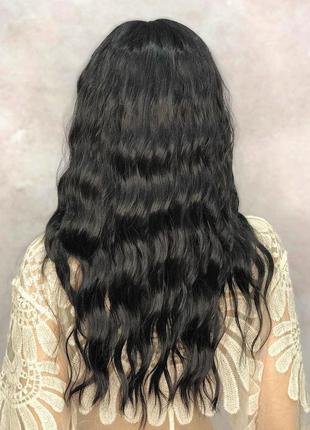 Парик на сетке lace wig черный длинный волнистый с пробором термо + шапочка под парик...