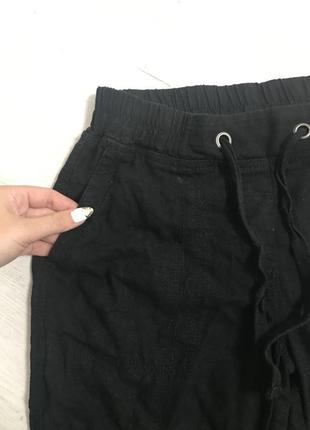 Бриджи капри на резинке укорочённые штаны лён чёрные высокая посадка3 фото