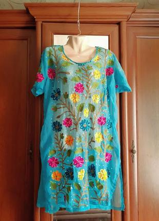 Шифонова сукня накидка пляжна з вишивкою квітами туніка + парео комплект