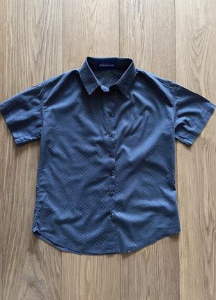 Рубашка @don.bacon с коротким рукавом синяя в белый горошек5 фото