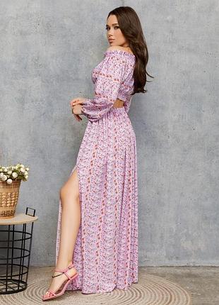 Арт: 12691_ сиреневый цветочный костюм с длинной юбкой