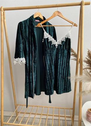 101 cristel бархатный комплект халат и сорочка зеленый4 фото