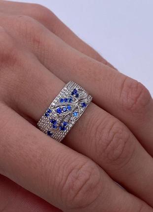 Срібний комплект сережки і перстень із синім фианитом, 925, родированное срібло2 фото