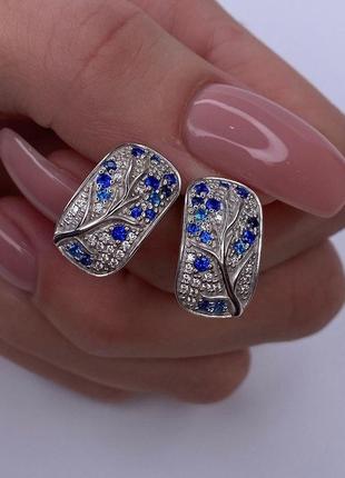 Срібний комплект сережки і перстень із синім фианитом, 925, родированное срібло4 фото