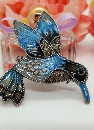 🐦💙 необычная, стильная брошь "синяя птица" колибри эмаль, кристаллы джинс стиль