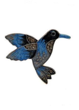 🐦💙 незвичайна, стильна брошка "синій птах" колібрі емаль, кристали джинс стиль1 фото