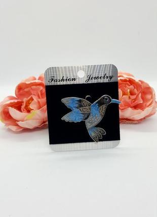 🐦💙 необычная, стильная брошь "синяя птица" колибри эмаль, кристаллы джинс стиль