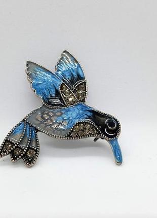🐦💙 необычная, стильная брошь "синяя птица" колибри эмаль, кристаллы джинс стиль