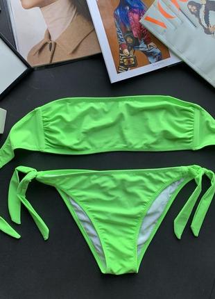 👙раздельный салатовый купальник бандо/неоновый купальник на завязках без бретель👙