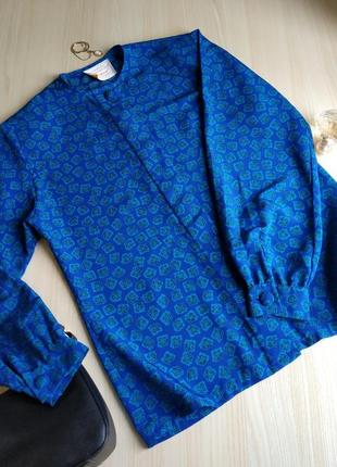 Рубашка синяя блузка винтажная s m l голубая орнамент синяя блуза7 фото