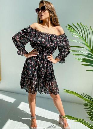 ❤️короткое🖤платье черное шифоновое с открытыми плечами в цветок