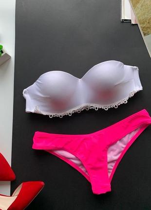 👙идеальный розово-белый раздельный купальник/купальник бандо с кружевной отделкой👙