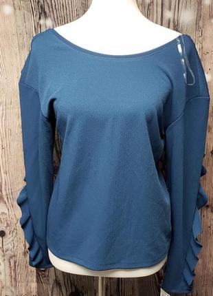 Блуза колір "морська хвиля" з вирізом ззаду і акцентними рукавами, м3 фото
