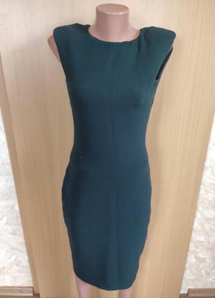 Зеленое классическое платье футляр миди по фигуре с плечиками zara3 фото