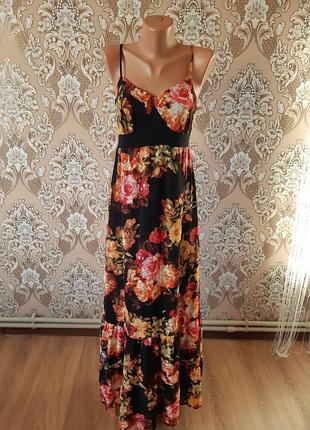 Длинный сарафан с воланами макси шифон в цветочный принт