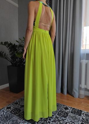 Платье шифоновое в пол с открытой спиной, лаймовый сарафан макси3 фото