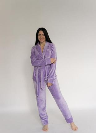 Піжамний комплект лаванда жакет+штани/плюшева піжама/плюшевая пижама/халат+штаны3 фото