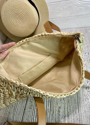 Женская плетенная сумка из рафии летняя вместительная соломенная сумка бежевая4 фото