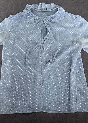 Голубая блузка в горошек