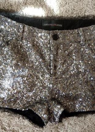 Шорты, вставка из шелка, пайетки, диско, серебро, металлик, zadig & voltaire