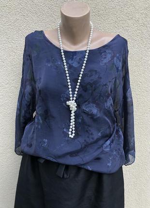 Синяя,шелк блуза,рубаха в цветочный принт,шёлк+вискоза
