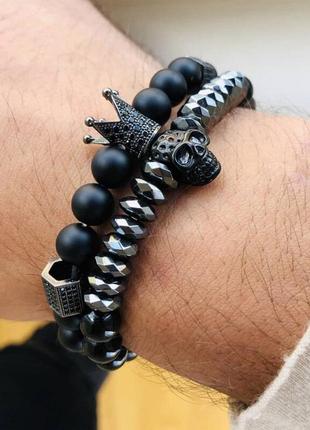 Мужские браслеты из натуральных камней (комплект), каменные браслеты черепе, корона