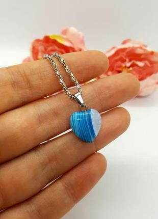 💙✨ миниатюрный кулон на цепочке/шнурке "сердечко" натуральный камень голубой агат7 фото
