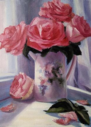 Картина маслом живопись цветы розы на окне1 фото