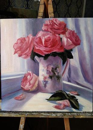 Картина маслом живопись цветы розы на окне