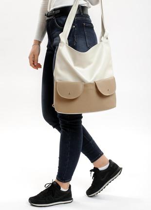 Новинка стильний жіночий бежевий рюкзак-сумка трансформер (шопер)