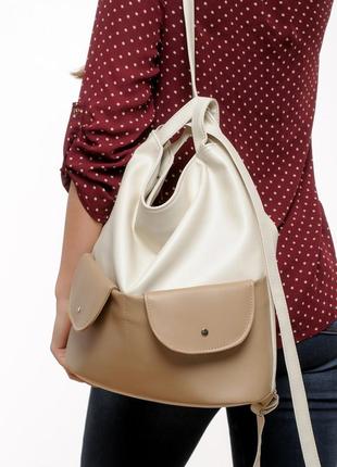 Новинка стильный женский бежевый рюкзак-трансформер сумка (шопер)9 фото