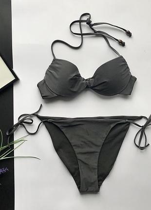 👙чудесный раздельный серый купальник с лифом без пуш ап/гладкий серый купальник на завязках👙